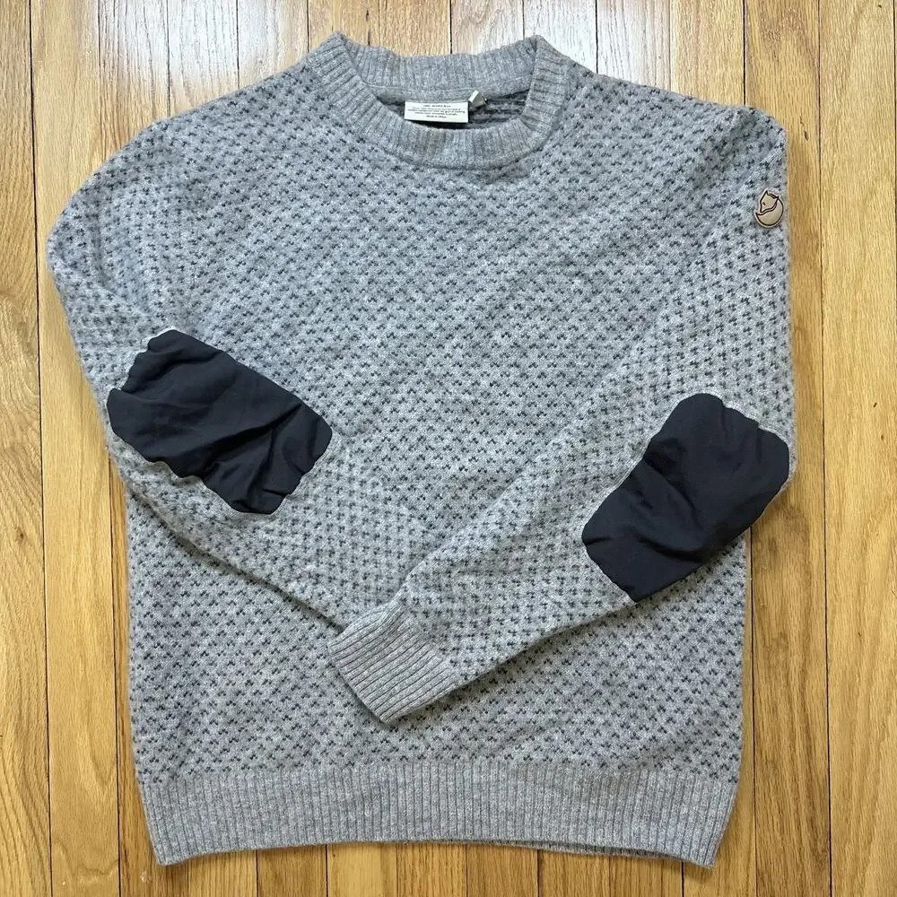 Fjallraven Ovik Nordic Sweater Men’s Size L Wool Gray Pattern Knit Elbow Patches - Picture 3 of 13